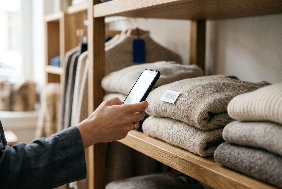 A phone held up to the barcode label on a pile of folded knitwear.