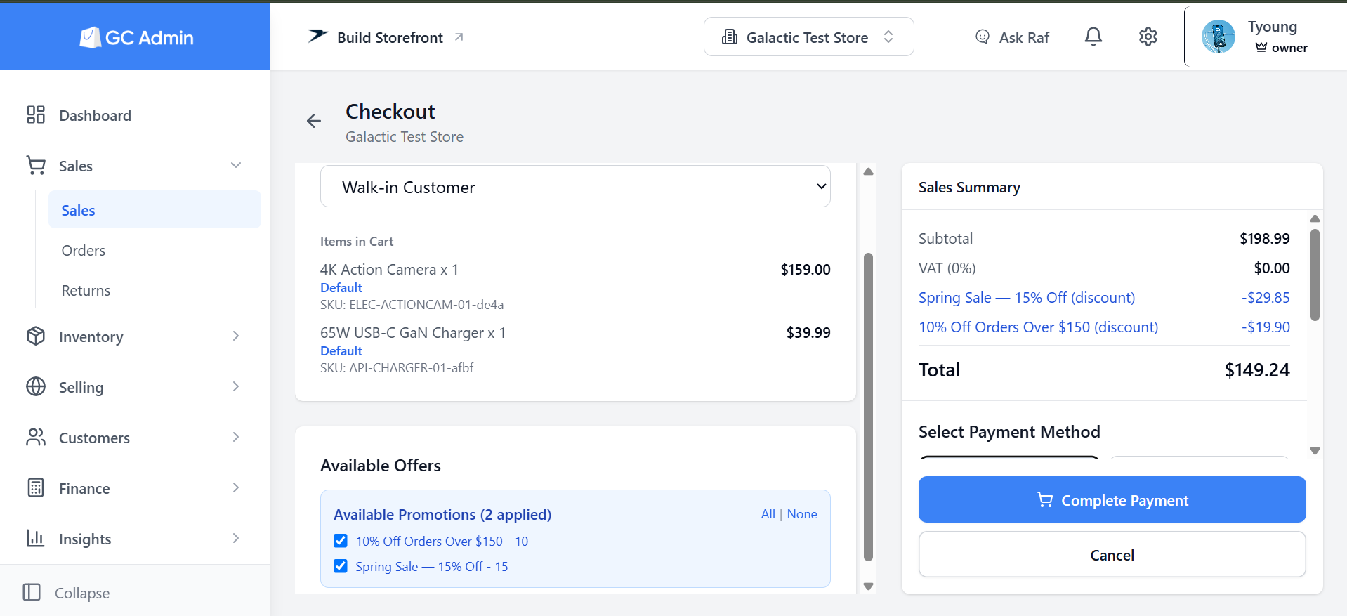 The Galactic Core checkout: a cart being rung up at the counter with payment methods and totals.