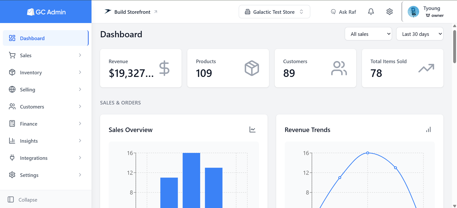 The Galactic Core dashboard: revenue, products, customers and items sold, with sales and revenue trends.